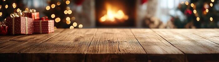 Wooden counter mockup with a Christmas background featuring twinkling fairy lights, festive ornaments, and pine branches, editorial photography, empty copy space on the right photo
