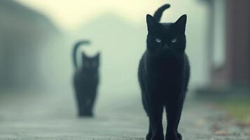 Black cat silhouettes with arched backs and poised tails, haunting and enigmatic, editorial shot, empty copy space for text photo