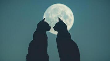 Close-up of black cat silhouettes against a moonlit background, creating a chilling and mysterious scene, editorial photography, empty space for text on left photo