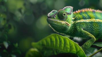 Chameleon blending seamlessly into its leafy environment, highlighting camouflage abilities, Wildlife in Natural Habitat, editorial photography, empty space for text on side photo