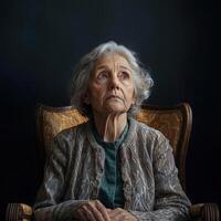 Sad elderly woman sitting in a chair, surrounded by empty space, looking away with a melancholic expression, alone and reflective photo