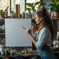 Artist in a contemporary studio, brush poised above a blank canvas, taking the first step in creating her artwork, creative hobby, focused and inspired photo