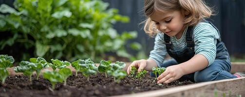 Child kneeling by a raised garden bed, gently placing small vegetable plants into the soil with bare hands, childhood outdoors, focused and nurturing photo