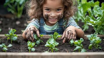 Child with a dirt-covered face, joyfully tending to small vegetable plants in a raised bed with bare hands, childhood gardening, happy and connected to nature photo