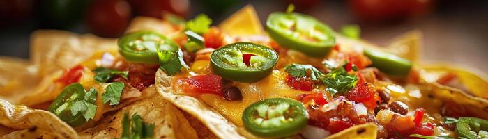 A delicious plate of nachos topped with cheese, tomatoes, jalapenos, and fresh herbs, perfect for sharing at any gathering. photo