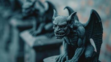 Close-up of menacing gargoyles on pedestals, creating a chilling gothic background, editorial photography, empty space for text on left photo