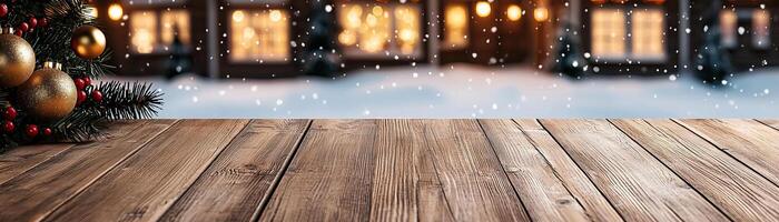 Wooden counter mockup set against a snowy Christmas village background with lit windows and festive decorations, editorial photography, empty space for text on side photo