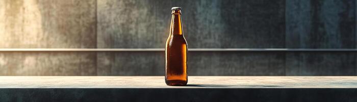 1 A sleek, contemporary craft beer setup, the bottle set on a polished concrete table, ambient light highlighting the texture of the beer, ample space above for minimalist text photo