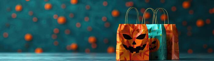 Candy bags with Halloween motifs, filled with treats, festive and spooky atmosphere, editorial photography, empty copy space on the right photo