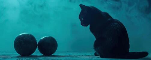 Close-up of black cat silhouettes next to crystal balls with ethereal mist, creating a chilling and mysterious background, editorial photography, empty space for text on left photo