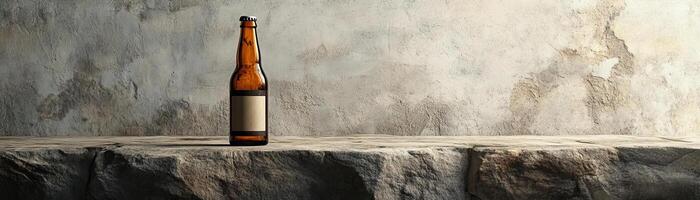 1 A zenlike setting with a single craft beer bottle centered on a stone slab, the composition against a cool, textured background, wide space for copy on one side photo