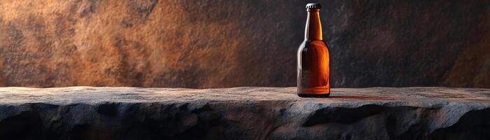 1 A zenlike setting with a single craft beer bottle centered on a stone slab, the composition against a cool, textured background, wide space for copy on one side photo