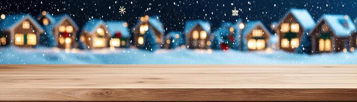 Wooden counter mockup set against a snowy Christmas village background with lit windows and festive decorations, editorial photography, empty space for text on side photo