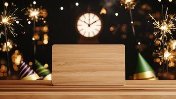 Festive wooden counter mockup with a backdrop of a clock striking midnight photo