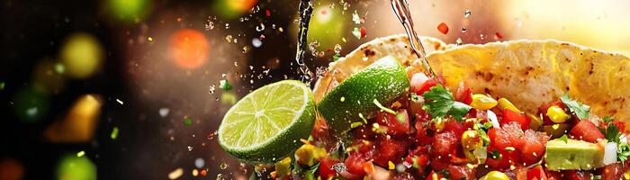 Vibrant salsa splash with fresh lime, showcasing a burst of flavors. Perfect for food lovers and culinary enthusiasts. photo