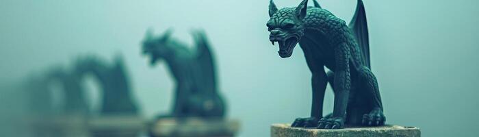 Gargoyles with fierce expressions atop pedestals, haunting and mystical scene, editorial shot, empty copy space for text photo