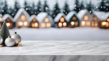 Marble counter mockup set against a snowy Christmas village background with lit windows and festive decorations, editorial photography, empty space for text on side photo