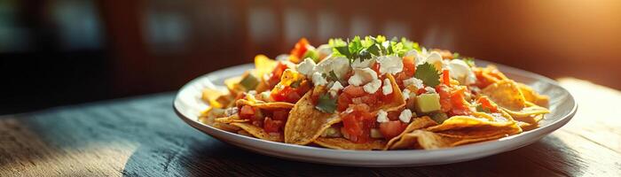Delicious nachos served with fresh toppings, perfect for sharing or enjoying as a snack in a cozy atmosphere. photo