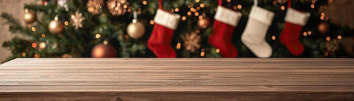 Rustic wooden counter mockup against a cozy Christmas backdrop with a decorated tree and stockings, warm holiday ambiance, editorial shot, empty copy space for text on side photo