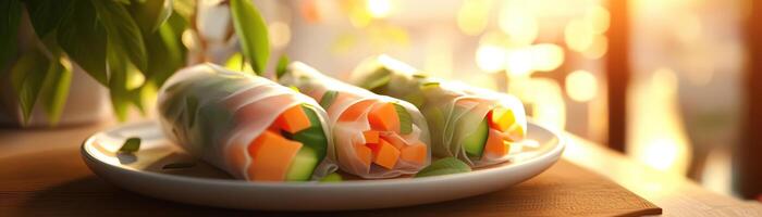 Fresh vegetable spring rolls served on a plate, showcasing vibrant colors and natural ingredients in a warm, inviting setting. photo
