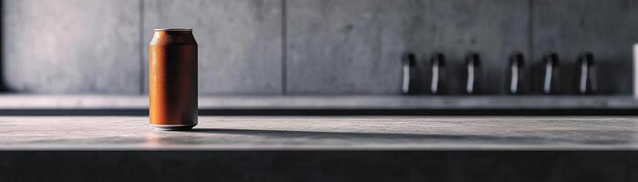 A contemporary, clean setup with a craft beer can, set against a sleek, grey background, wide space above for editorial content photo