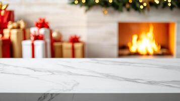 Marble counter mockup with a Christmas background featuring twinkling fairy lights, festive ornaments, and pine branches, editorial photography, empty copy space on the right photo