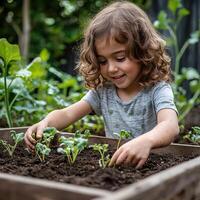Child with a content expression, planting tiny vegetable seedlings in a raised garden bed with bare hands, surrounded by greenery, childhood outdoors, joyful and peaceful photo