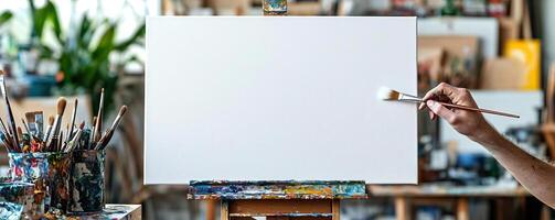 Creative artist beginning a new painting on a blank white canvas in a modern, well-equipped studio, brush in hand, creative process, passionate and dedicated photo