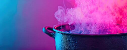 Close-up of a witch's cauldron with swirling magical smoke, creating a mystical background, editorial photography, empty space for text on left photo