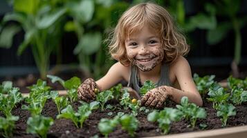 Child with a dirt-covered face, joyfully tending to small vegetable plants in a raised bed with bare hands, childhood gardening, happy and connected to nature photo