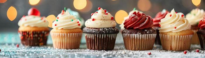 Assorted cupcakes with Christmas designs on a festive table, themed confections, editorial shot, empty copy space for text on side photo