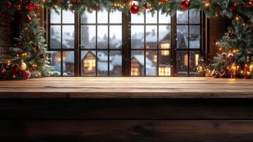 Wooden counter mockup set against a snowy Christmas village background with lit windows and festive decorations, editorial photography, empty space for text on side photo