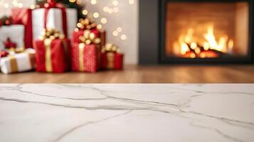 Marble counter mockup with a Christmas background featuring twinkling fairy lights, festive ornaments, and pine branches, editorial photography, empty copy space on the right photo