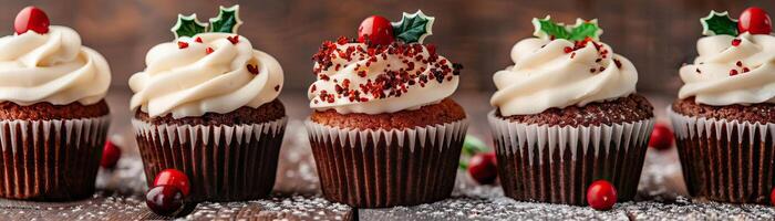 Assorted cupcakes with Christmas designs on a festive table, themed confections, editorial shot, empty copy space for text on side photo