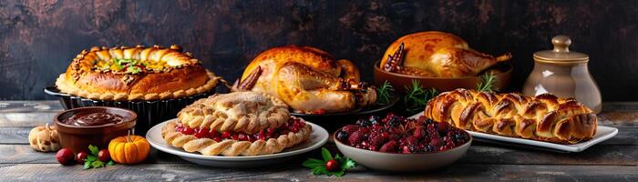 Assorted festive Thanksgiving baked goods with autumn decorations, delightful yummies, editorial photography, empty copy space on the right photo