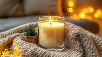 Blank clear straight candle glass surrounded by a stack of books, a small vase with flowers, and warm ambient lighting, modern warm bedroom mockup, chic and cozy photo