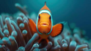 Closeup of a clownfish nestled in an anemone, showcasing coral reef biodiversity, Underwater Life, editorial shot, empty copy space for text photo