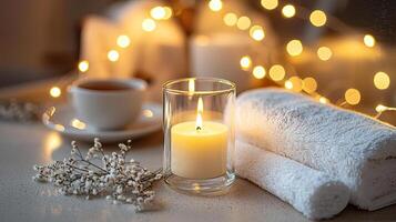 Blank clear straight candle glass amidst a setting with a plush pillow, a scented diffuser, and delicate string lights, modern warm bedroom mockup, serene and stylish photo