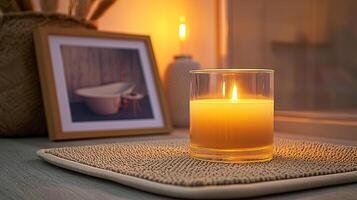 Blank clear straight candle glass amidst a setting with a plush pillow, a scented diffuser, and delicate string lights, modern warm bedroom mockup, serene and stylish photo
