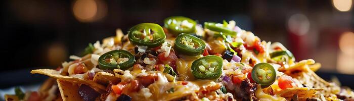 Delicious nachos topped with fresh jalapenos, cheese, and salsa, perfect for snack lovers and party gatherings. photo