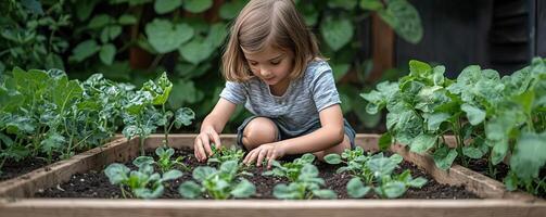 Child crouched beside a raised garden bed, planting tiny vegetable seedlings with bare hands, surrounded by green plants, childhood gardening, peaceful and focused photo
