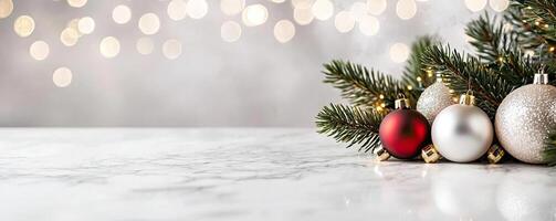 Marble counter mockup with a Christmas background featuring twinkling fairy lights, festive ornaments, and pine branches, editorial photography, empty copy space on the right photo