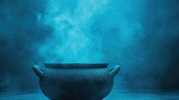 Witch's cauldron with ethereal smoke tendrils, magical and eerie background, editorial photography, empty space for text on side photo