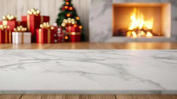 Marble counter mockup with a Christmas background featuring twinkling fairy lights, festive ornaments, and pine branches, editorial photography, empty copy space on the right photo