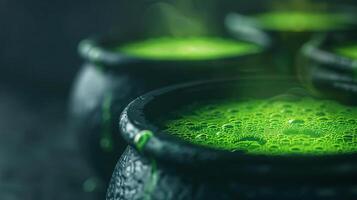 Background filled with cauldrons bubbling with green potion, spooky and magical atmosphere, editorial photography, empty copy space on the right photo