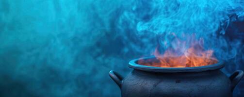 Close-up of a witch's cauldron with swirling magical smoke, creating a mystical background, editorial photography, empty space for text on left photo