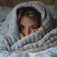 Girl curled up in bed, pulling the blanket over her face, with just her hair peeking out, hiding and cozy photo