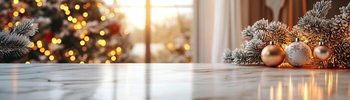 Sleek marble counter mockup against a cozy Christmas backdrop with a decorated tree and stockings, warm holiday ambiance, editorial shot, empty copy space for text on side photo
