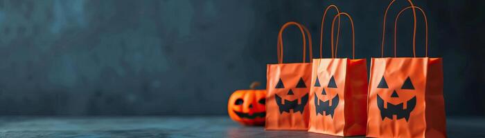 Candy bags with Halloween motifs, filled with treats, festive and spooky atmosphere, editorial photography, empty copy space on the right photo
