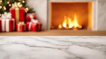 Marble counter mockup with a Christmas background featuring twinkling fairy lights, festive ornaments, and pine branches, editorial photography, empty copy space on the right photo